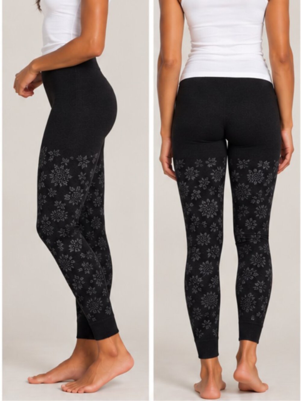 Women's KRIMSON KLOVER Black Floral Print FOOTLESS TIGHTS Wool Blend MED LARGE